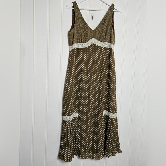 Signature by Robbie Bee Midi Dress Womens Sz 10 Brown Polka Dot Lace Trim - Picture 2 of 15
